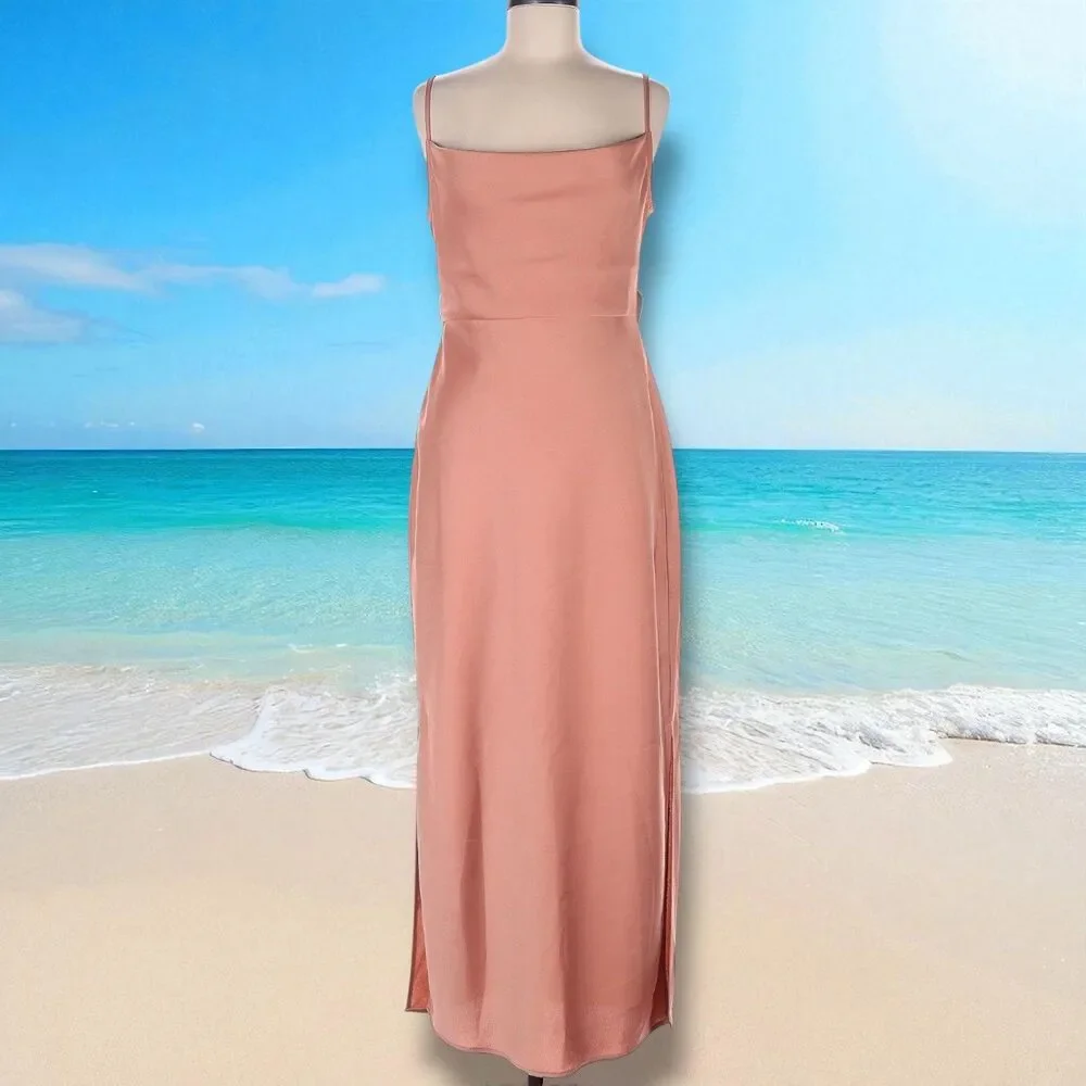 NWT BHLDN Cowl Neck Maxi Side Slit Slip Dress Dusty Rose Orange Pink 10 - Picture 1 of 12